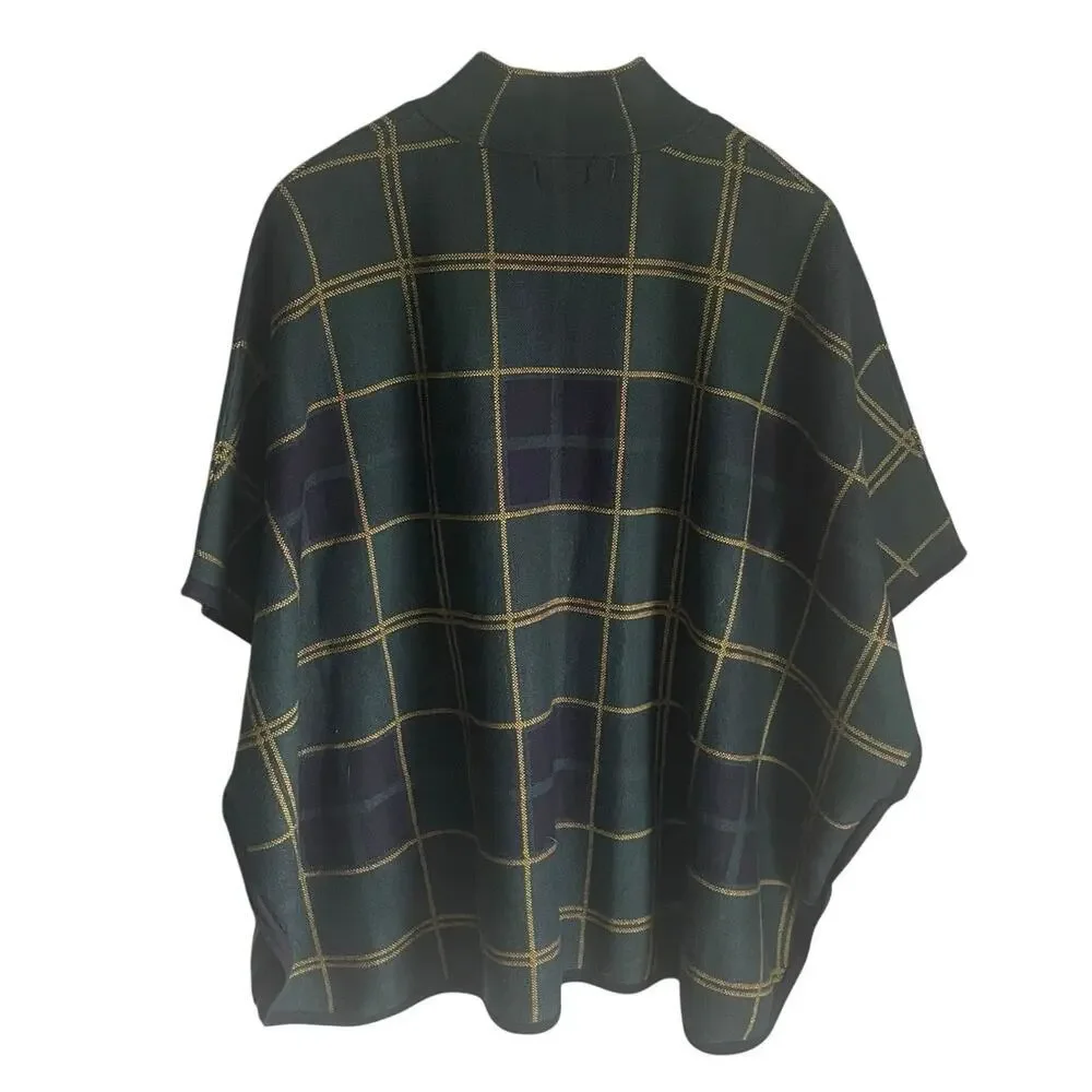 Nicole Miller Poncho Plaid Green Equestrian Academia Preppy Heritage size L/XL - Picture 3 of 5